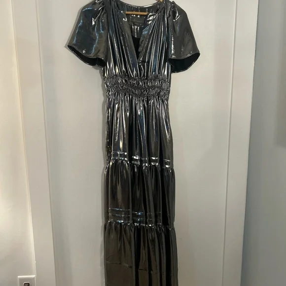 Anthropologie The Somerset Shimmering Metallic Silver Maxi Dress - Picture 2 of 16